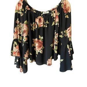 Mikey & Joey floral off the shoulder baby doll top with bell sleeves and elastic